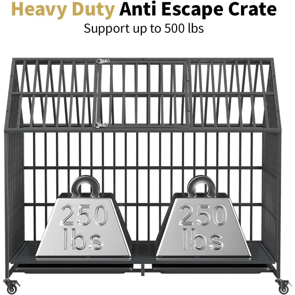 Very /54 Inch Heavy Duty Dog Crate Extra Large Dog Cage Kennel, Indestructible XXL Dog Crate With Open Roof Top, Trays And Wheel