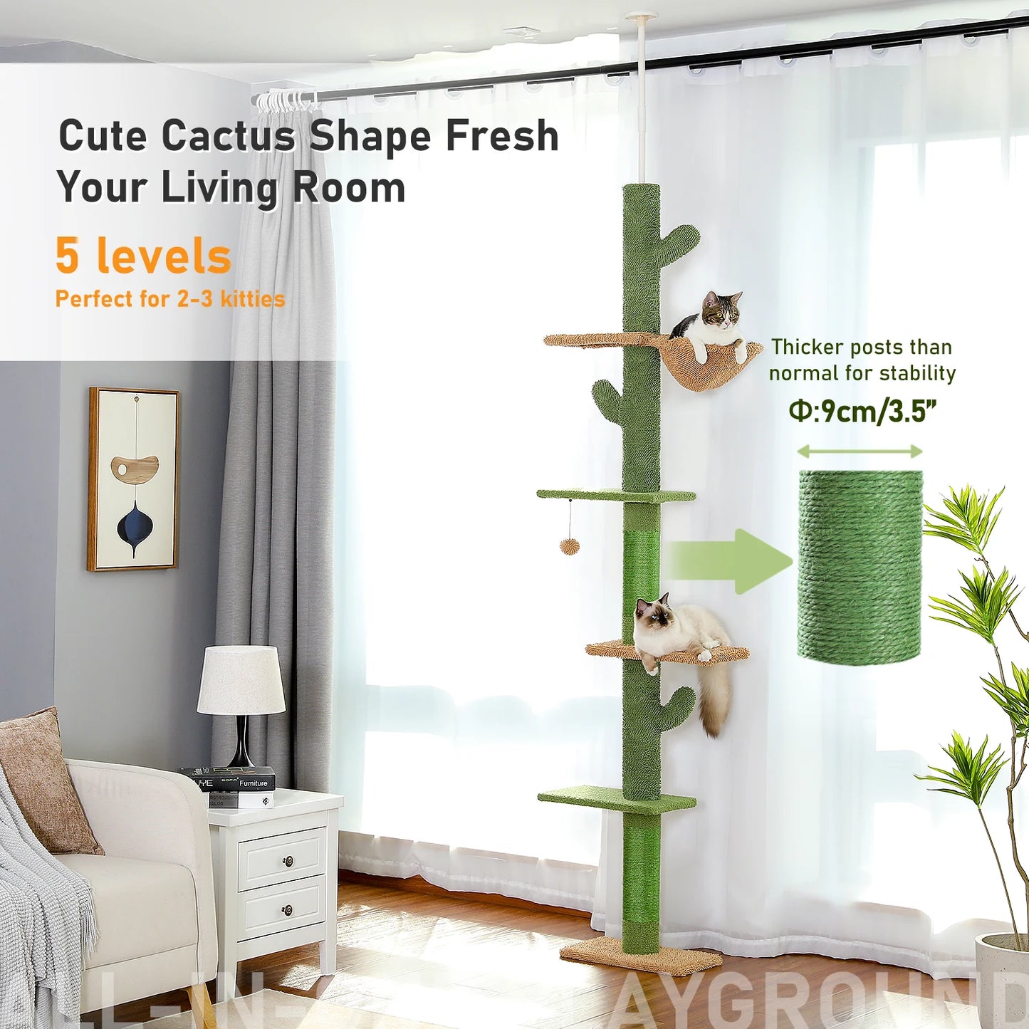 Cat Tree 5 Tier Floor to Ceiling Cat Tower Cactus Design Tall Climbing Tree with Scratching Post Hammock and Dangling Ball for Indoor Cats
