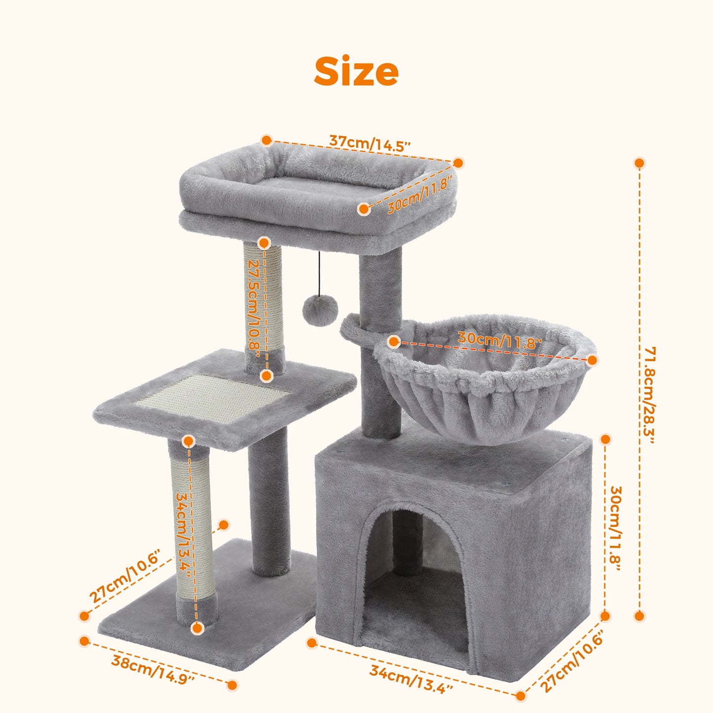 Cat Tree Cat Tower for Indoor Cats with Big Hammock Removable Top Perch Scratching Posts Three Tier Design Grey