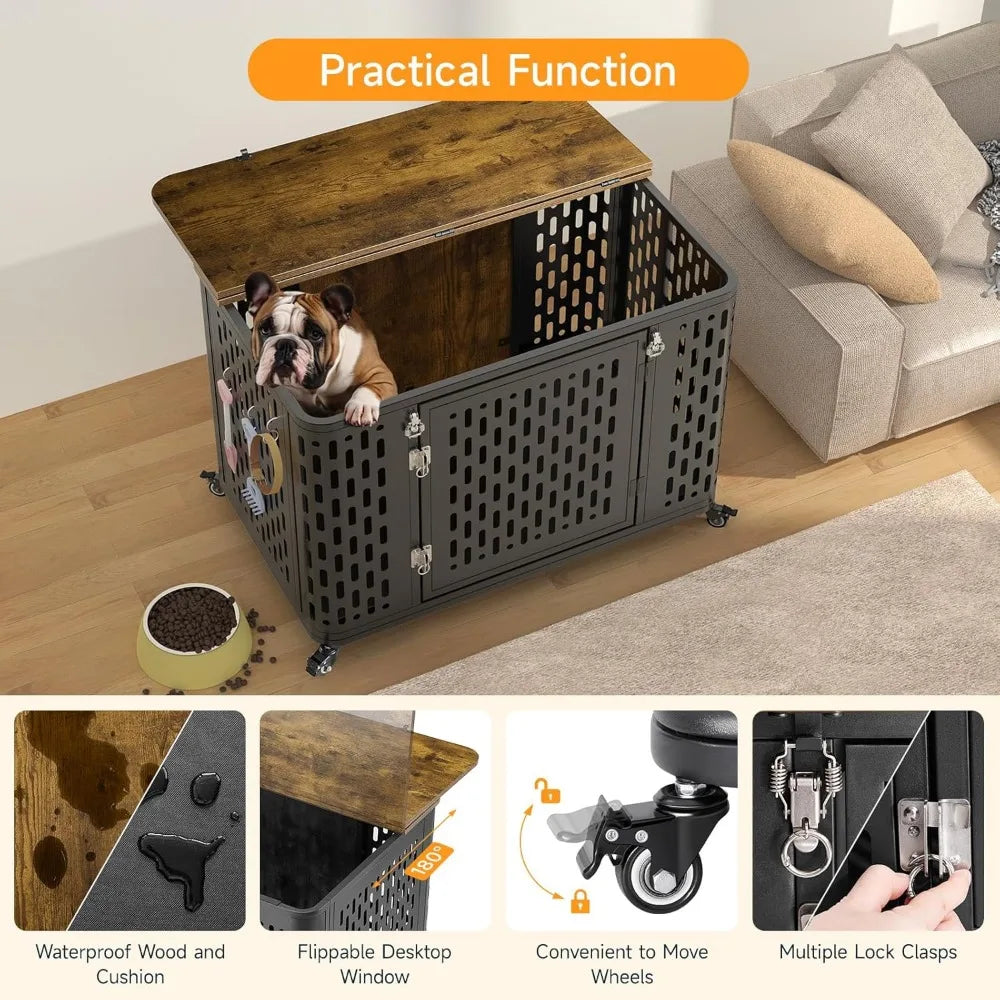 Heavy Duty Dog Crate With Cushion And Wheels For Anxiety
