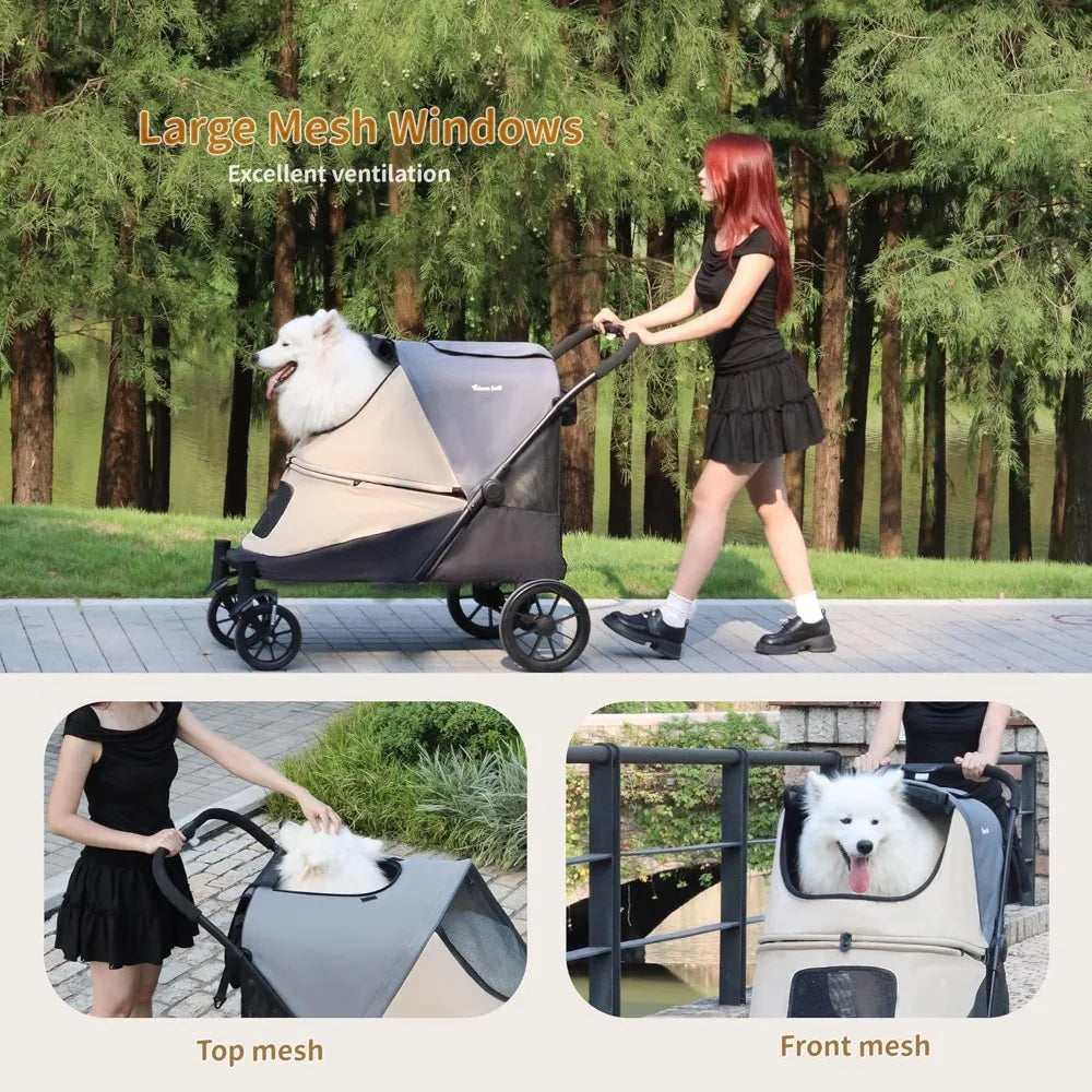 Stroller for Medium/Large Dogs One-Click Folding 4 Wheel Pet Foldable Dog Stroller for 2 Dogs Jogger with Storage Pocket