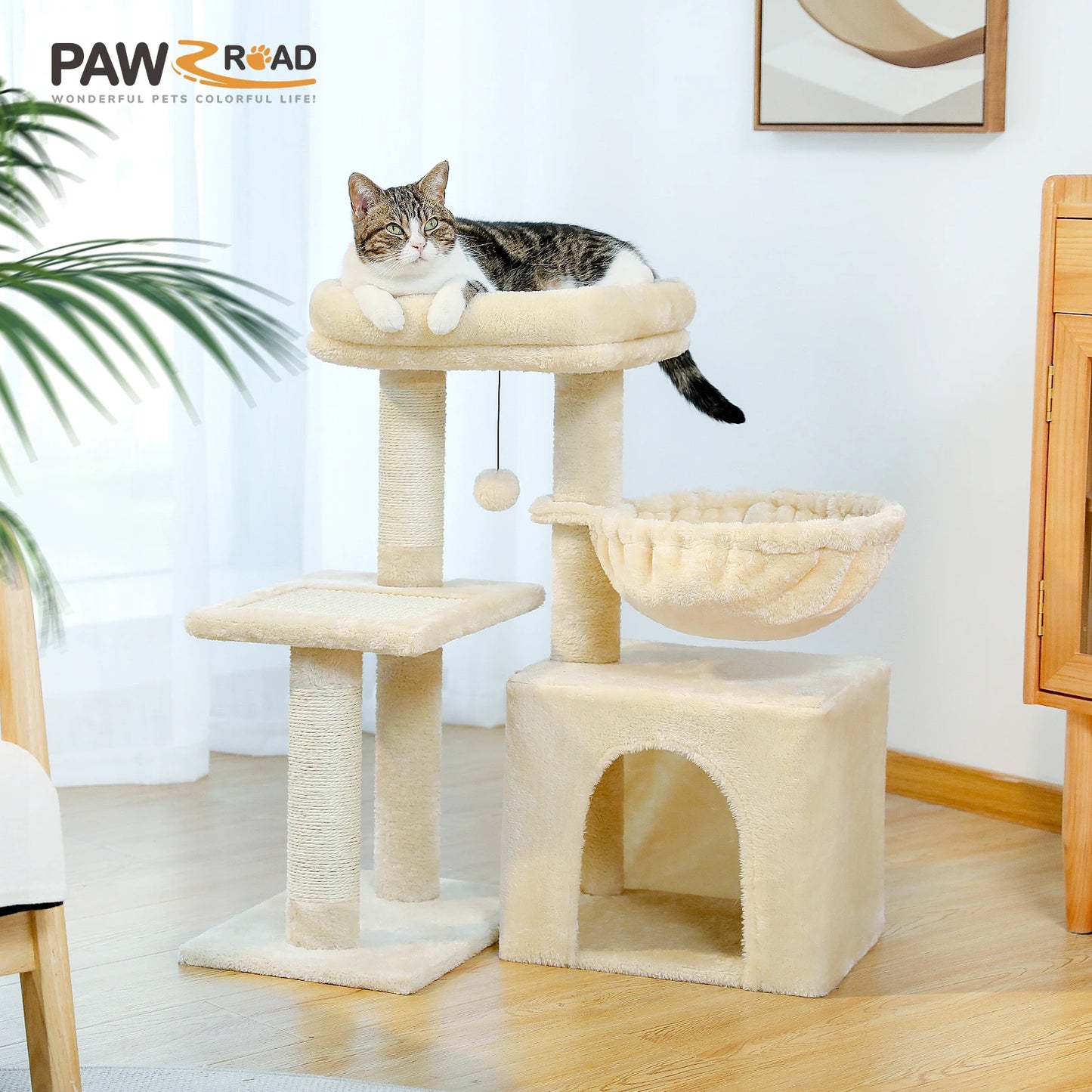 Cat Tree Cat Tower for Indoor Cats with Big Hammock Removable Top Perch Scratching Posts Three Tier Design Grey