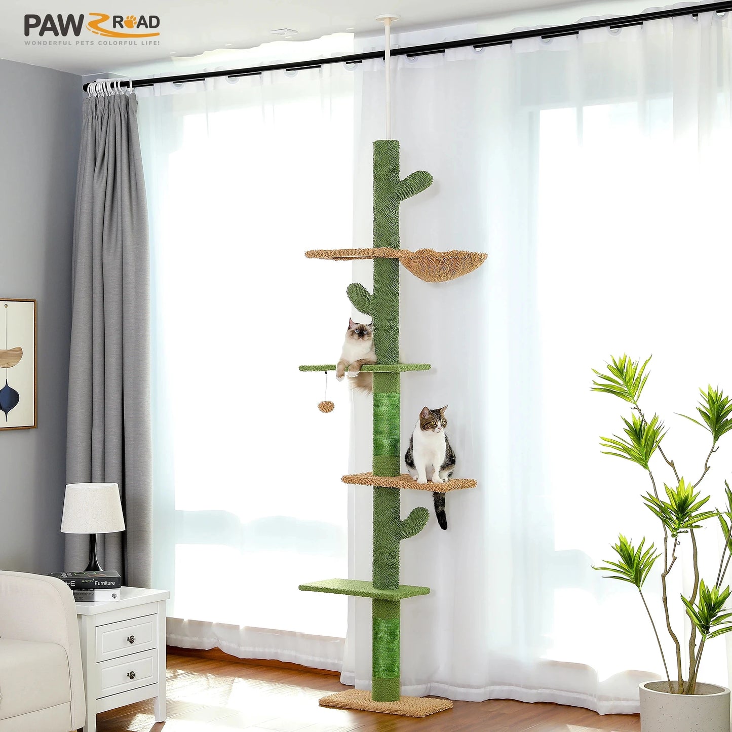 Cat Tree 5 Tier Floor to Ceiling Cat Tower Cactus Design Tall Climbing Tree with Scratching Post Hammock and Dangling Ball for Indoor Cats