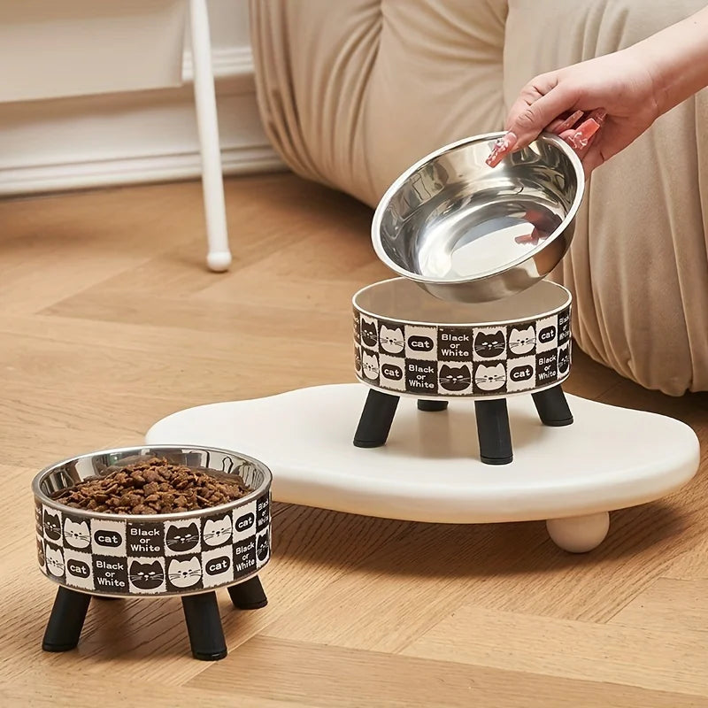 Elevated Stainless Steel Cat Bowl with Neck Protection and Anti Slip Feeding Tray
