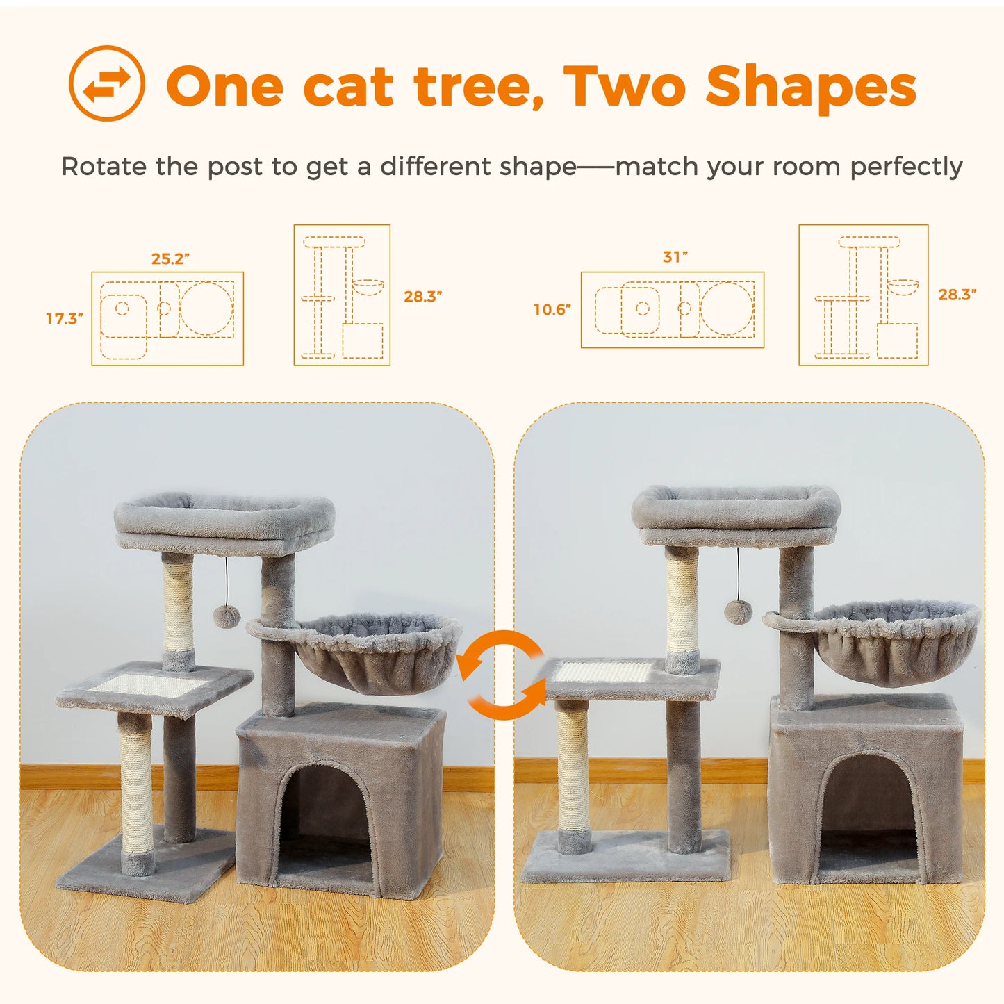 Cat Tree Cat Tower for Indoor Cats with Big Hammock Removable Top Perch Scratching Posts Three Tier Design Grey