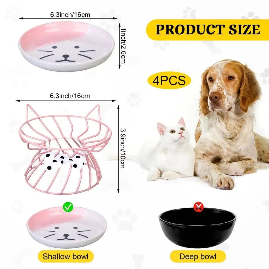 Cat Feeder, 4 Pcs Elevated Ceramic Cat Bowls with Metal Stand, Whisker