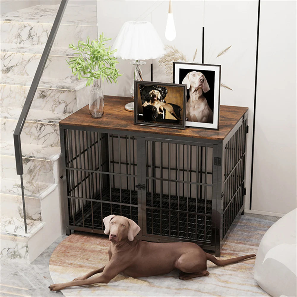 Wooden Elevated Dog Crate End Table With Lattice Doors