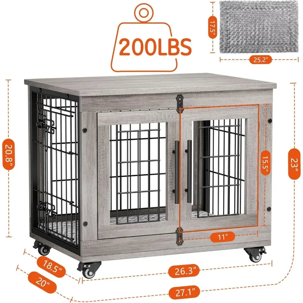 Indoor Double Door Wooden Dog Crate With Cushion And Wheels