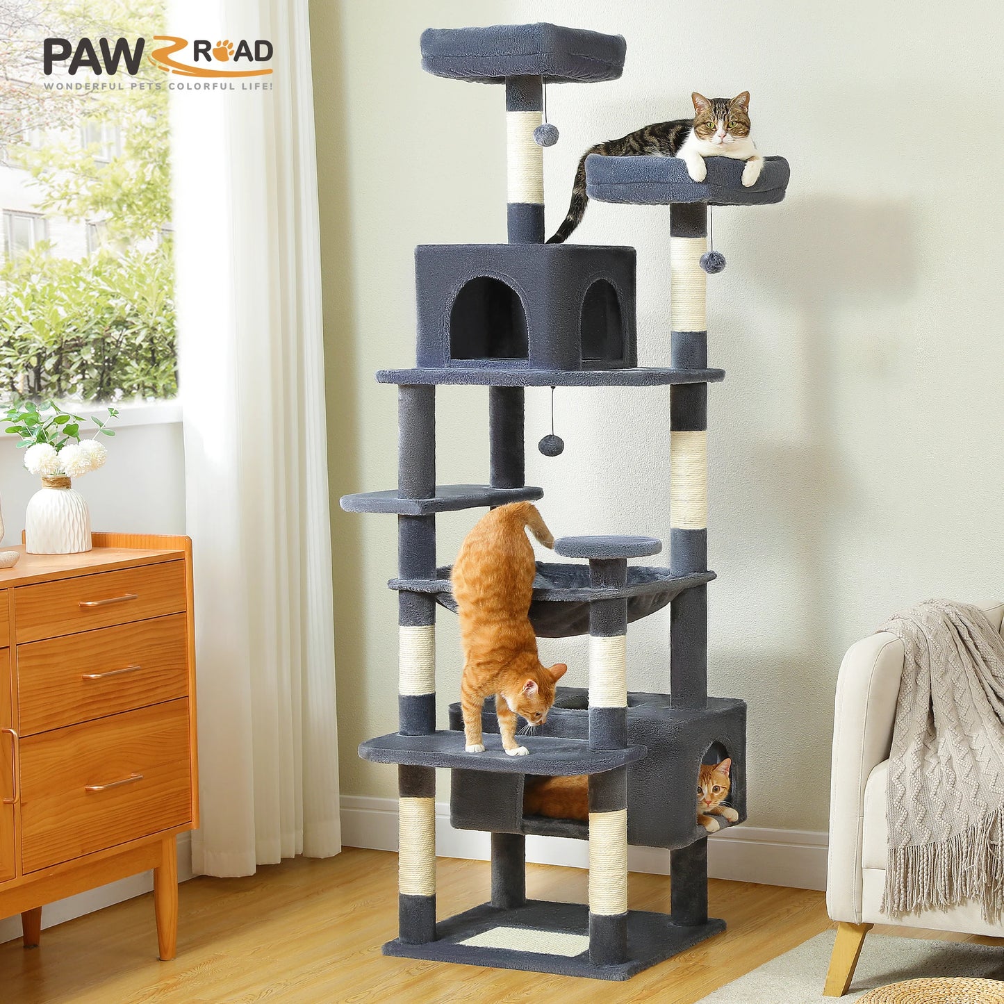 184CM Large Cat Tree and Tower for Indoor Cats with Sisal Covered Scratching Posts Spacious Hammock Padded Perches and Condos