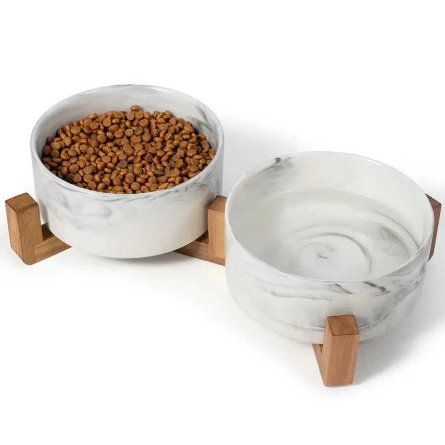 Bowls Set with Wood Stand, 3.6Cup Ceramic Pet Bowls for Medium Dogs 