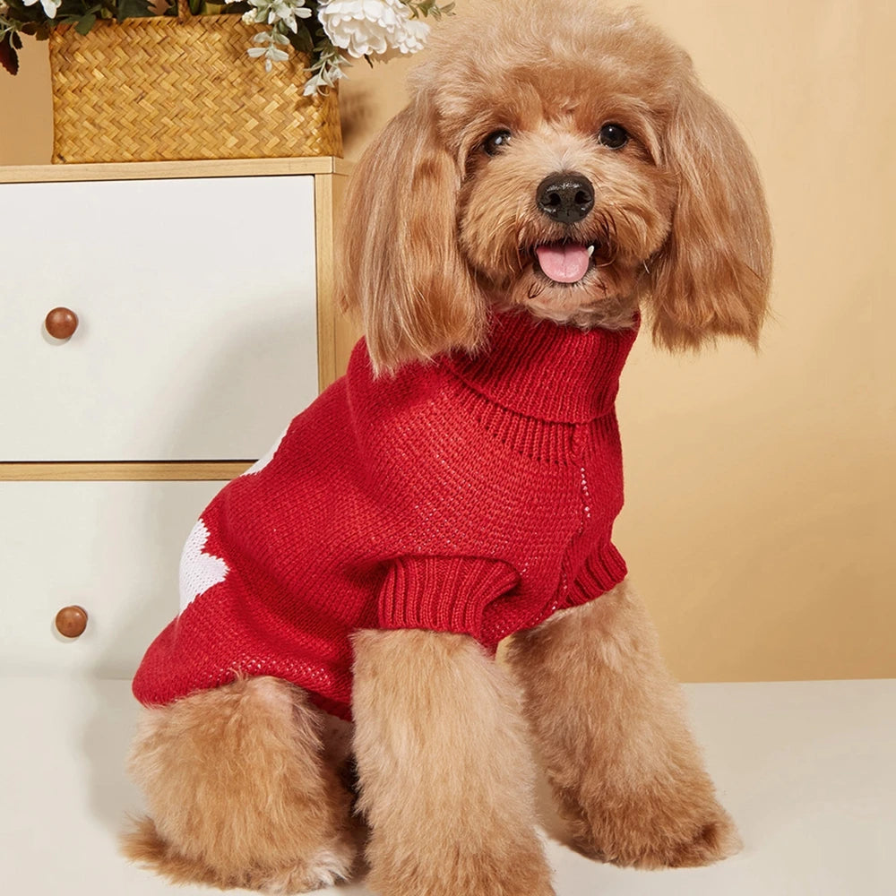 Cute Dog Sweater Heart Pattern Warm Pet Jumper Knitwear High Collar Jacket for Small and Big Dogs and Cats