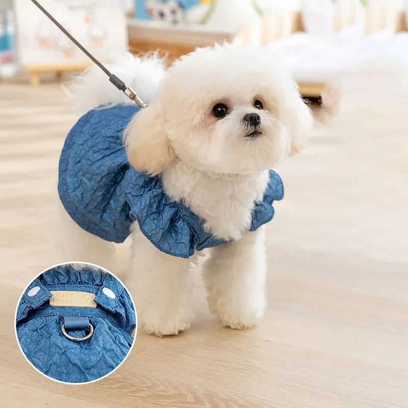 Denim Dog Dress With Leash Ring Flying Sleeves Summer Style
