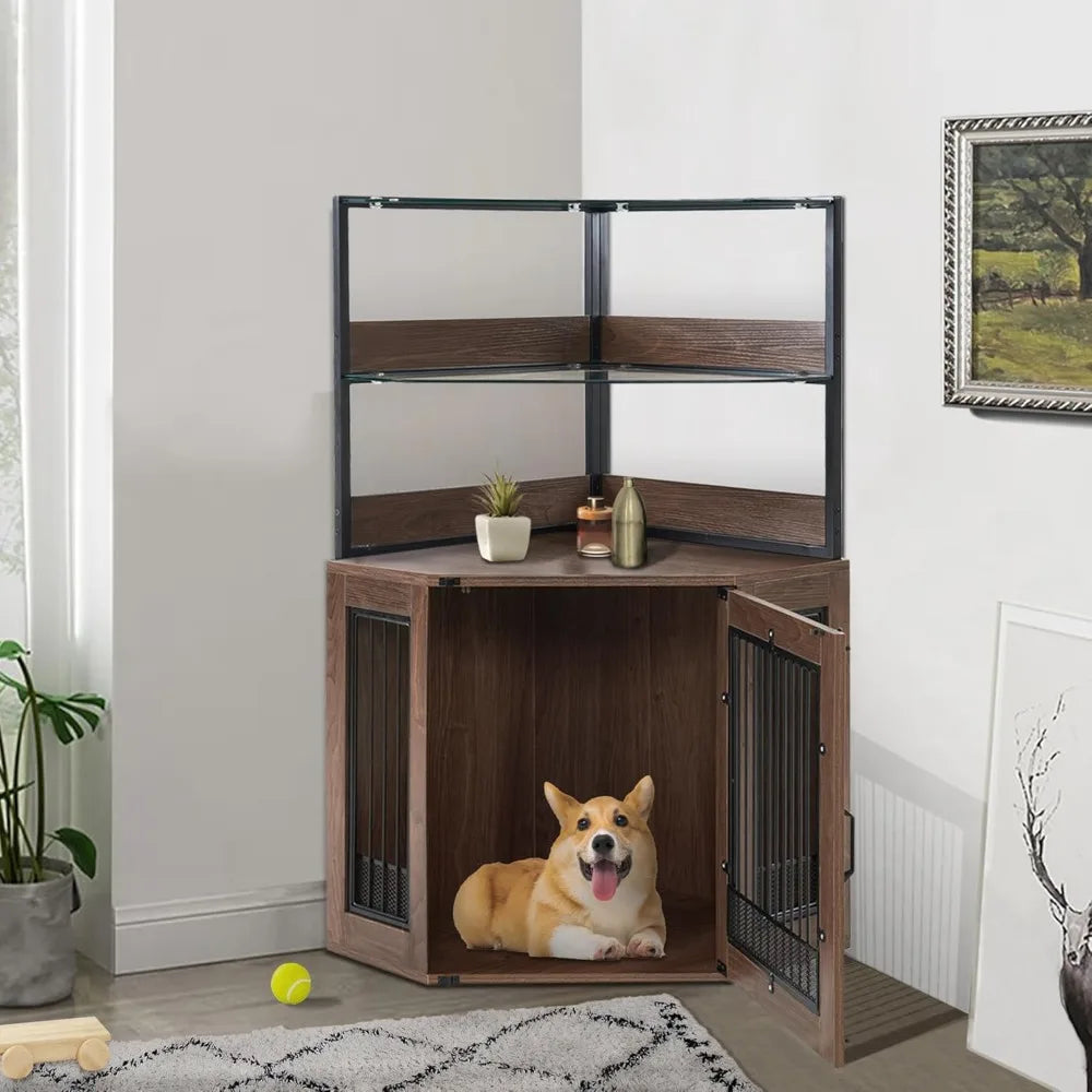 Elegant Glass Shelves Corner Dog Crate Furniture Indoor Use