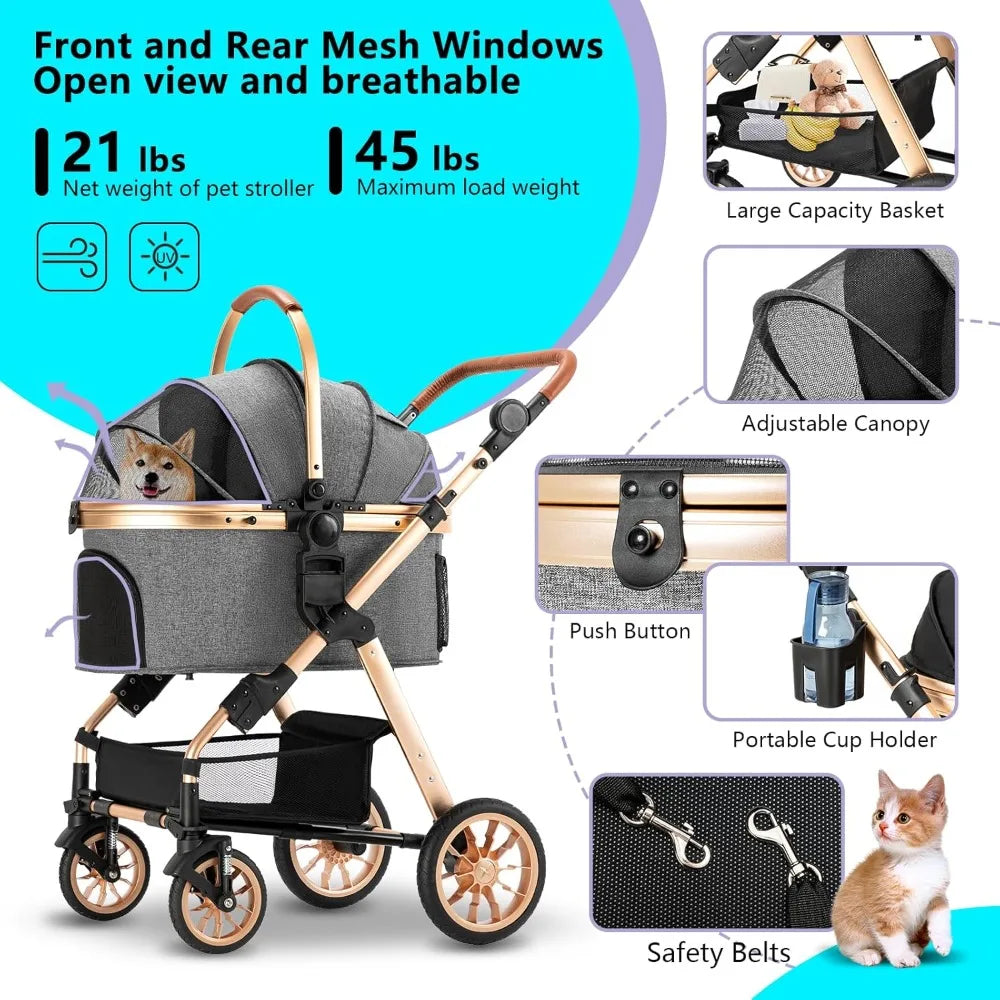 Stroller for Medium & Small Dogs - Foldable, Lightweight Dog Carrier with Storage Basket (Gray)