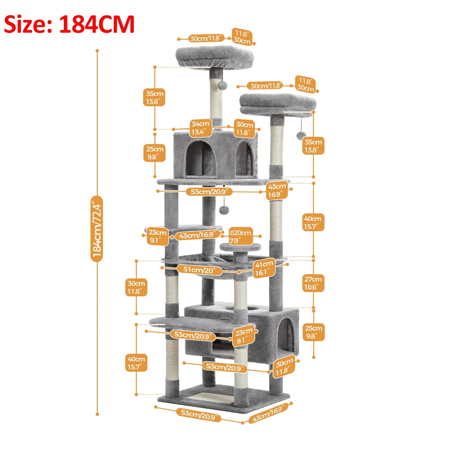 184CM Large Cat Tree and Tower for Indoor Cats with Sisal Covered Scratching Posts Spacious Hammock Padded Perches and Condos