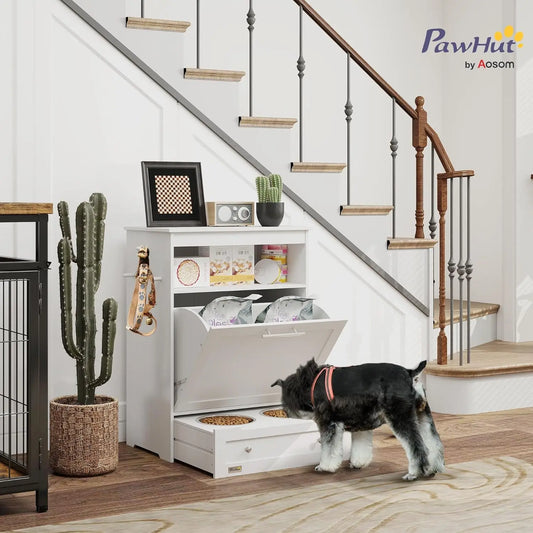 Dog Feeding Station With Raised Bowls And Storage Cabinet