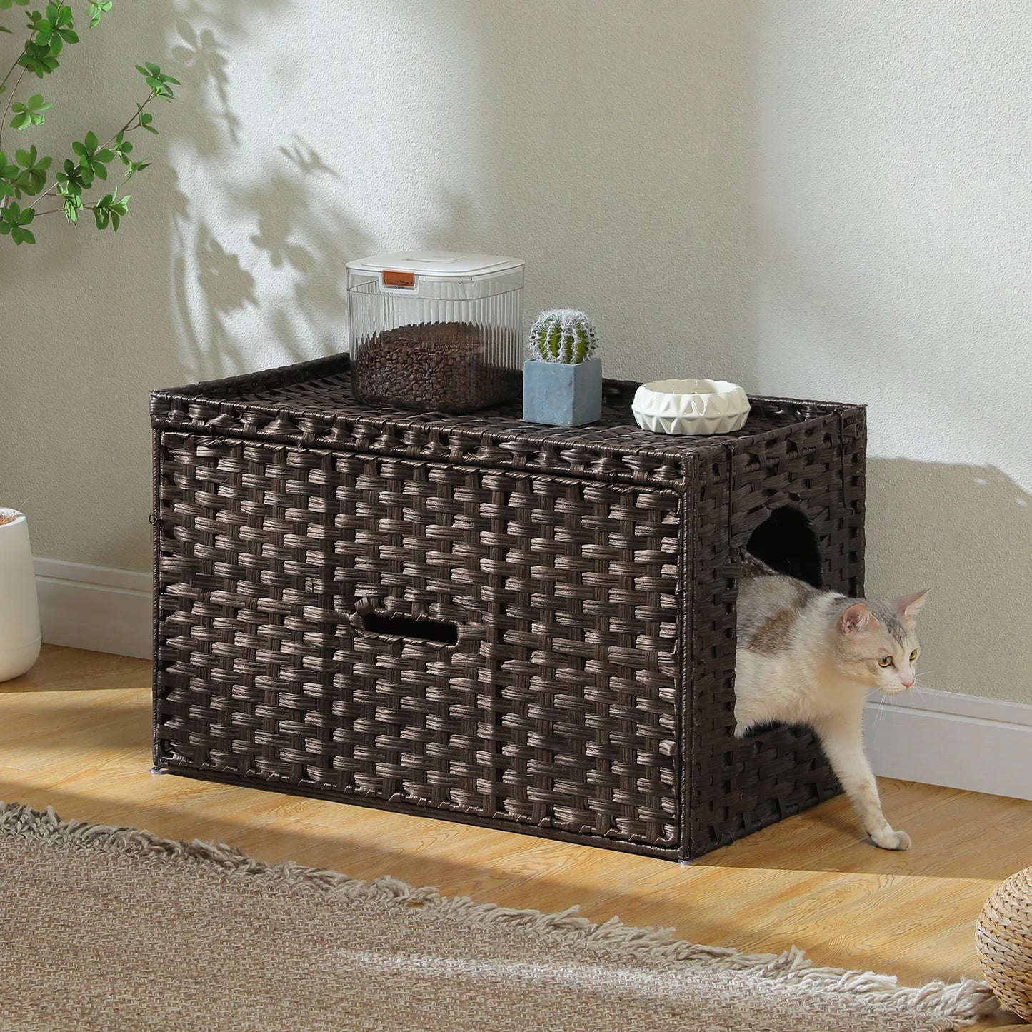 Rattan Cat Litter Box Enclosure with Stylish Flip-Up Design