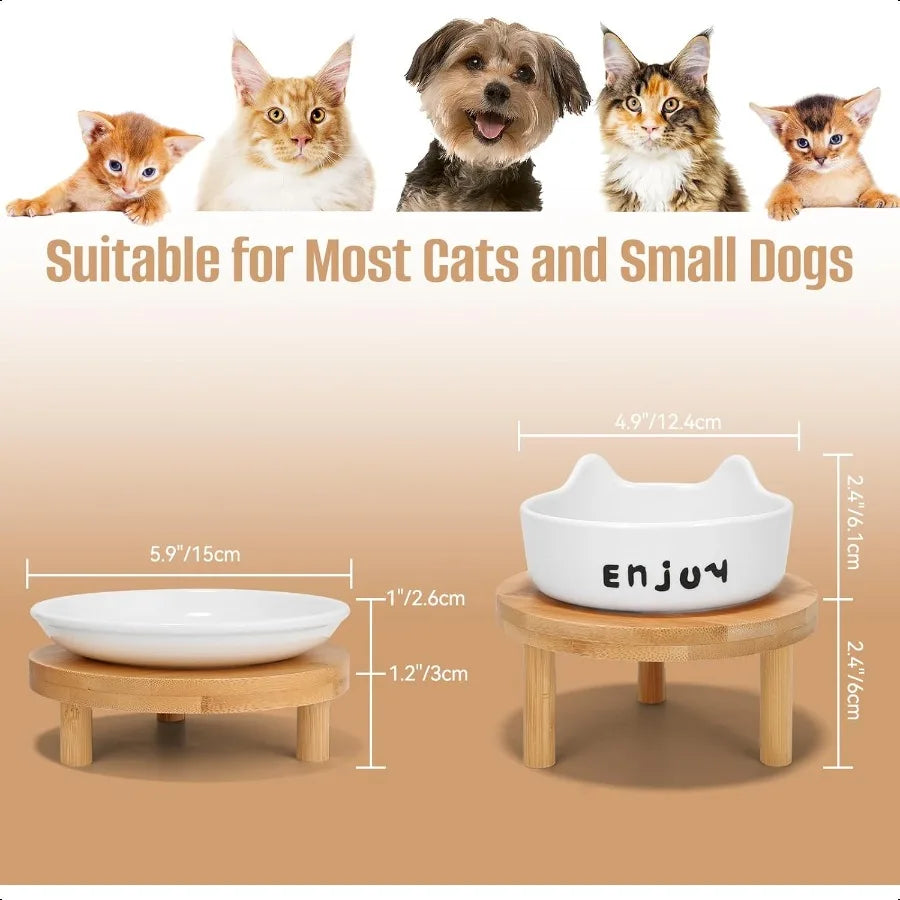 3PCS Elevated Cat Bowls Wide Raised Ceramic Pet Dishes with Bamboo Stand Whisker Friendly Feeding Station