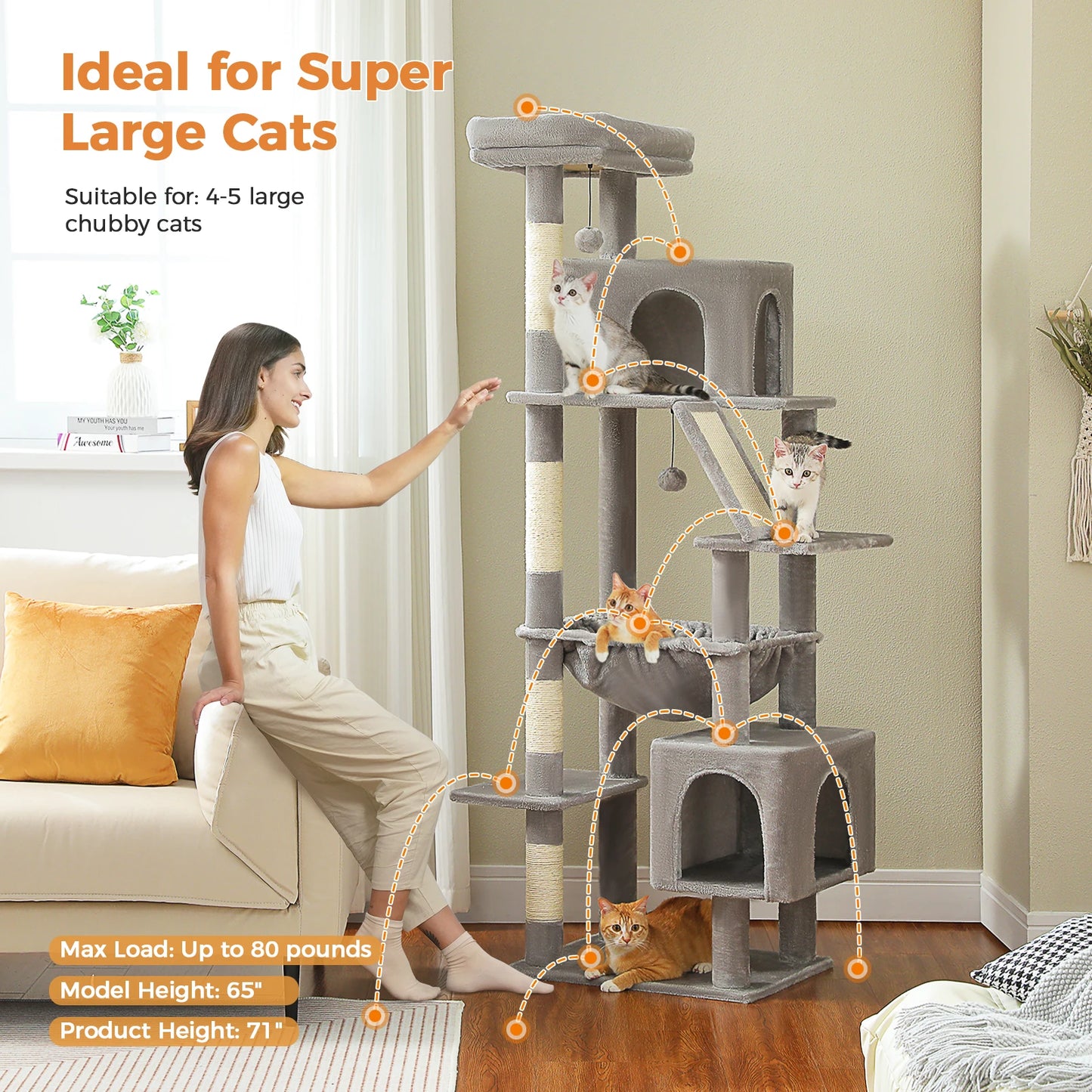 Cat Tree Tower With Hammock And Scratching Post Perch