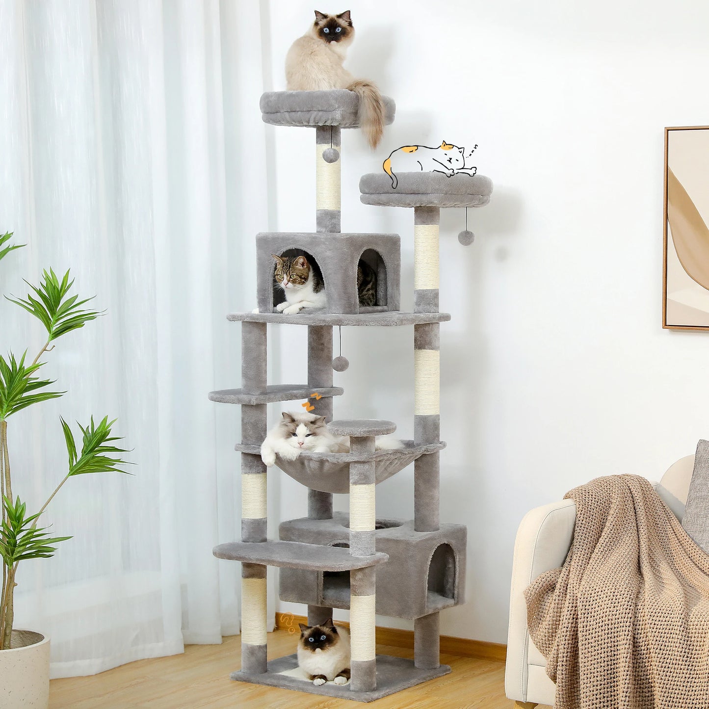 184CM Large Cat Tree and Tower for Indoor Cats with Sisal Covered Scratching Posts Spacious Hammock Padded Perches and Condos