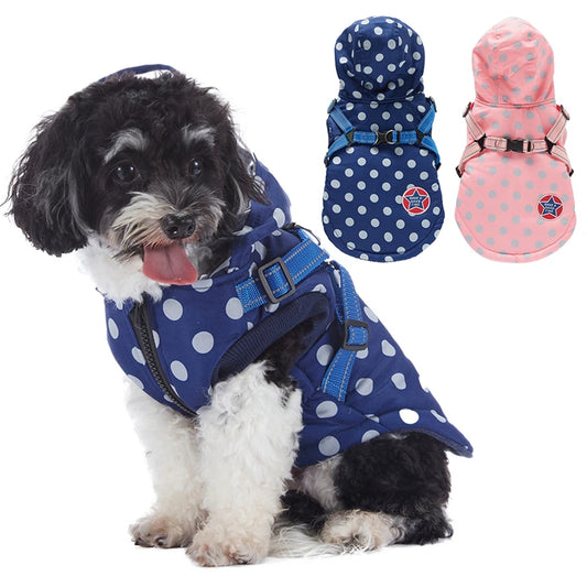 Winter Waterproof Dog Coat With Harness Hooded Polyester Jacket