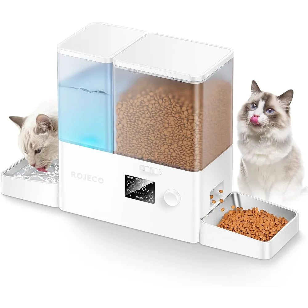 Pet Automatic Cat Feeder and Gravity Water Dispenser,Steel Bowls 2-in-1Set Large Capacity 5L Food Feeder and 3.5L Water Fountain