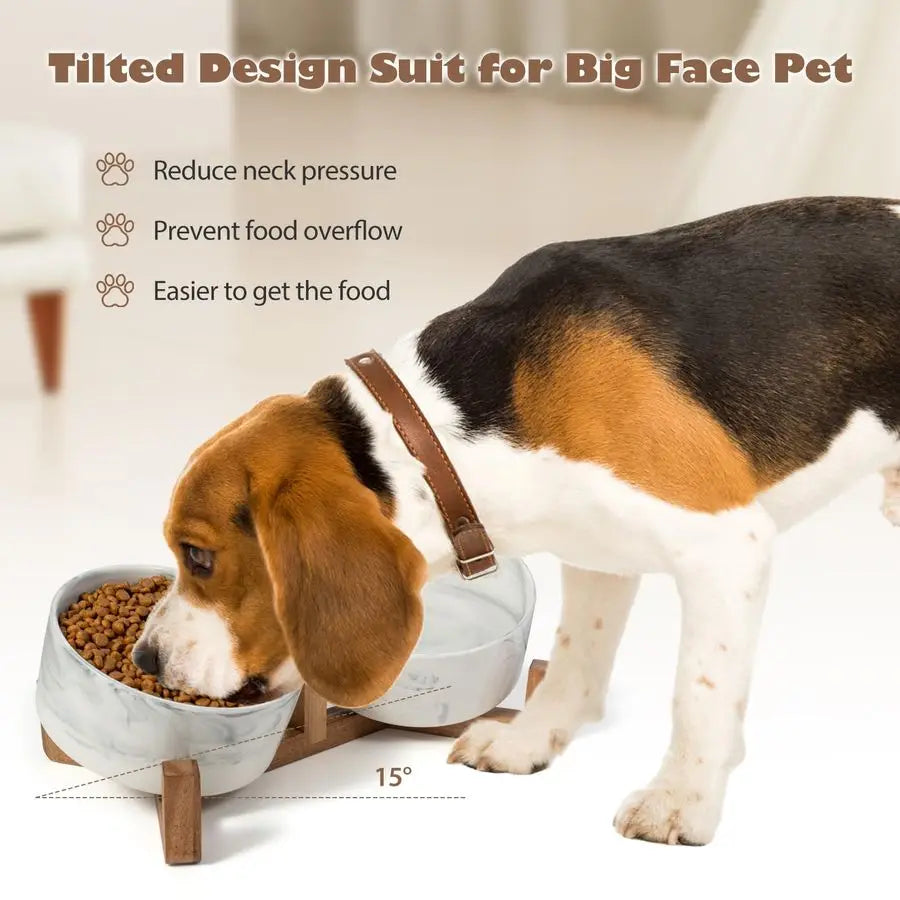Bowls Set with Wood Stand, 3.6Cup Ceramic Pet Bowls for Medium Dogs 