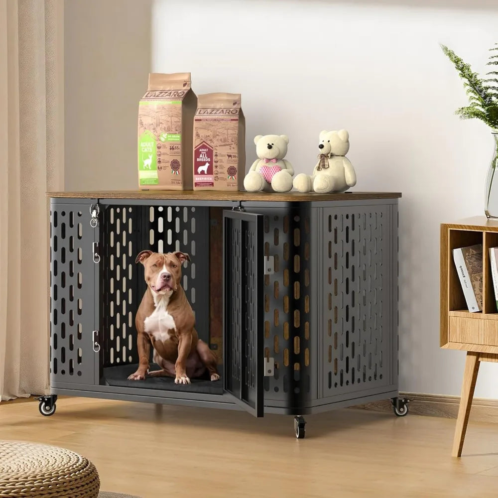 Heavy Duty Dog Crate With Cushion And Wheels For Anxiety