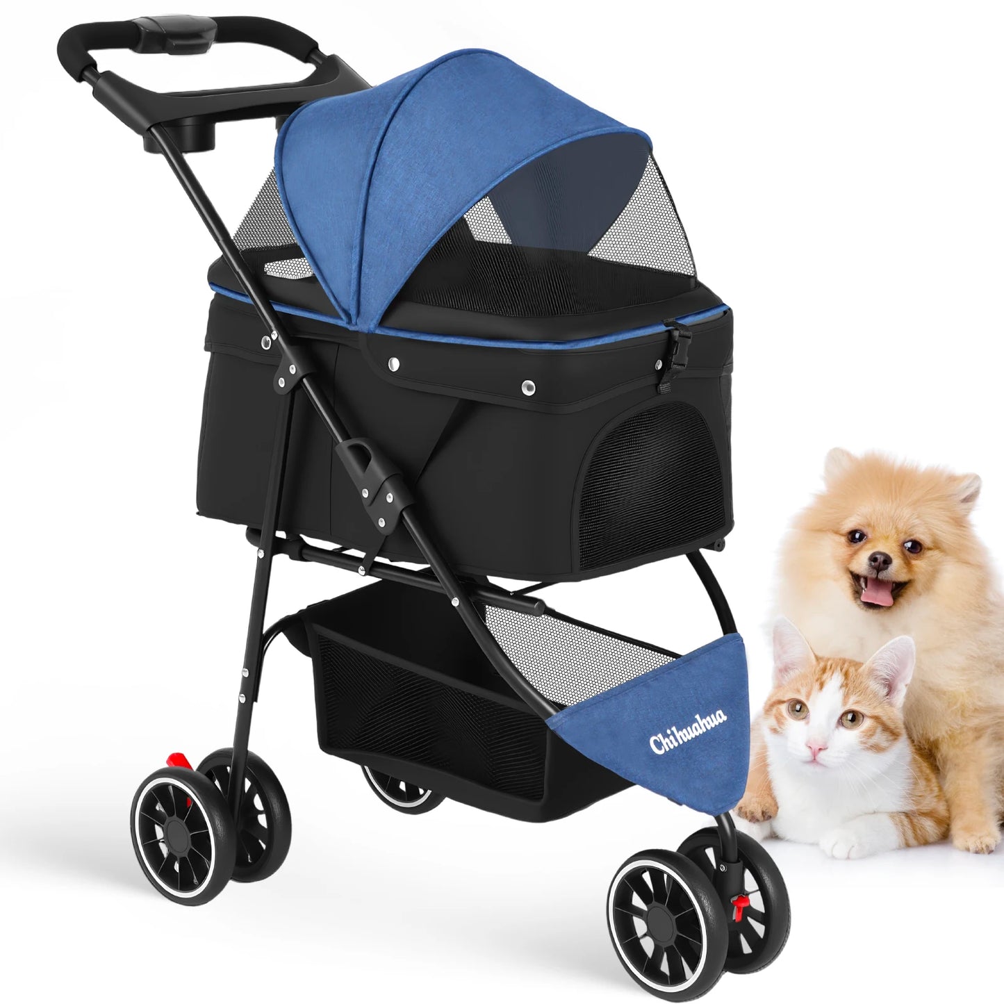 Pet Stroller For Small Medium Cats&Dogs 3 Wheels Foldable with Breathable Mesh Canopy Pet Travel Carrier Suitable Outdoor Travel