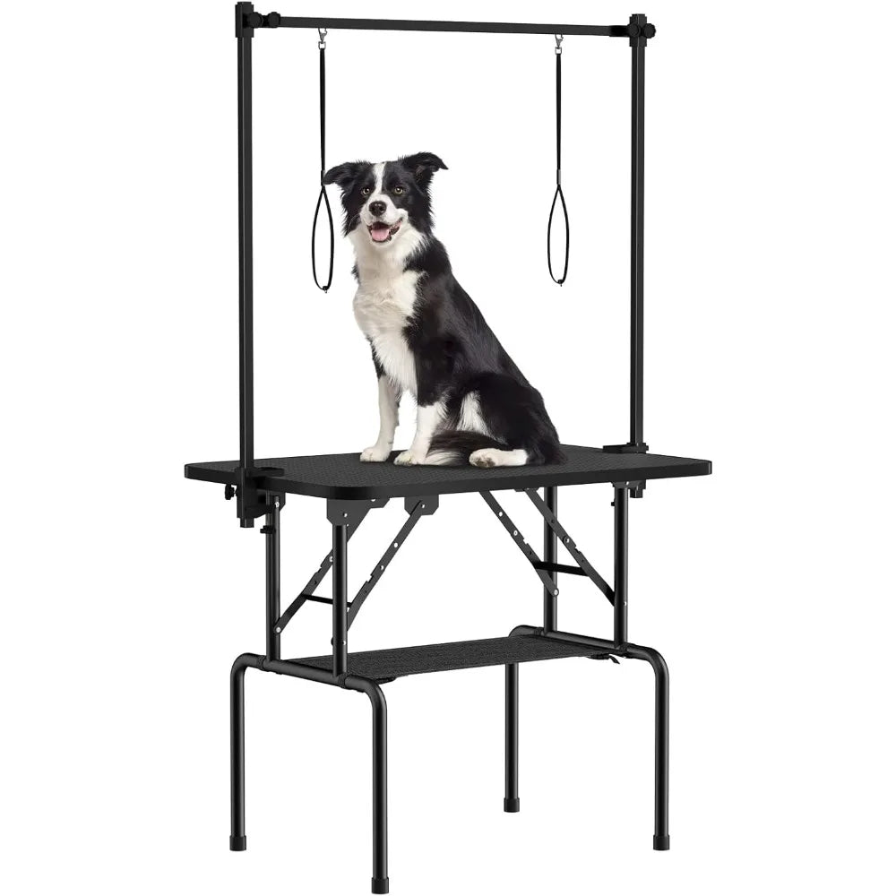 36 Inch Dog Grooming Table, Foldable Pet Grooming Tables at Home with Adjustable Arm, Nooses, Mesh Tray