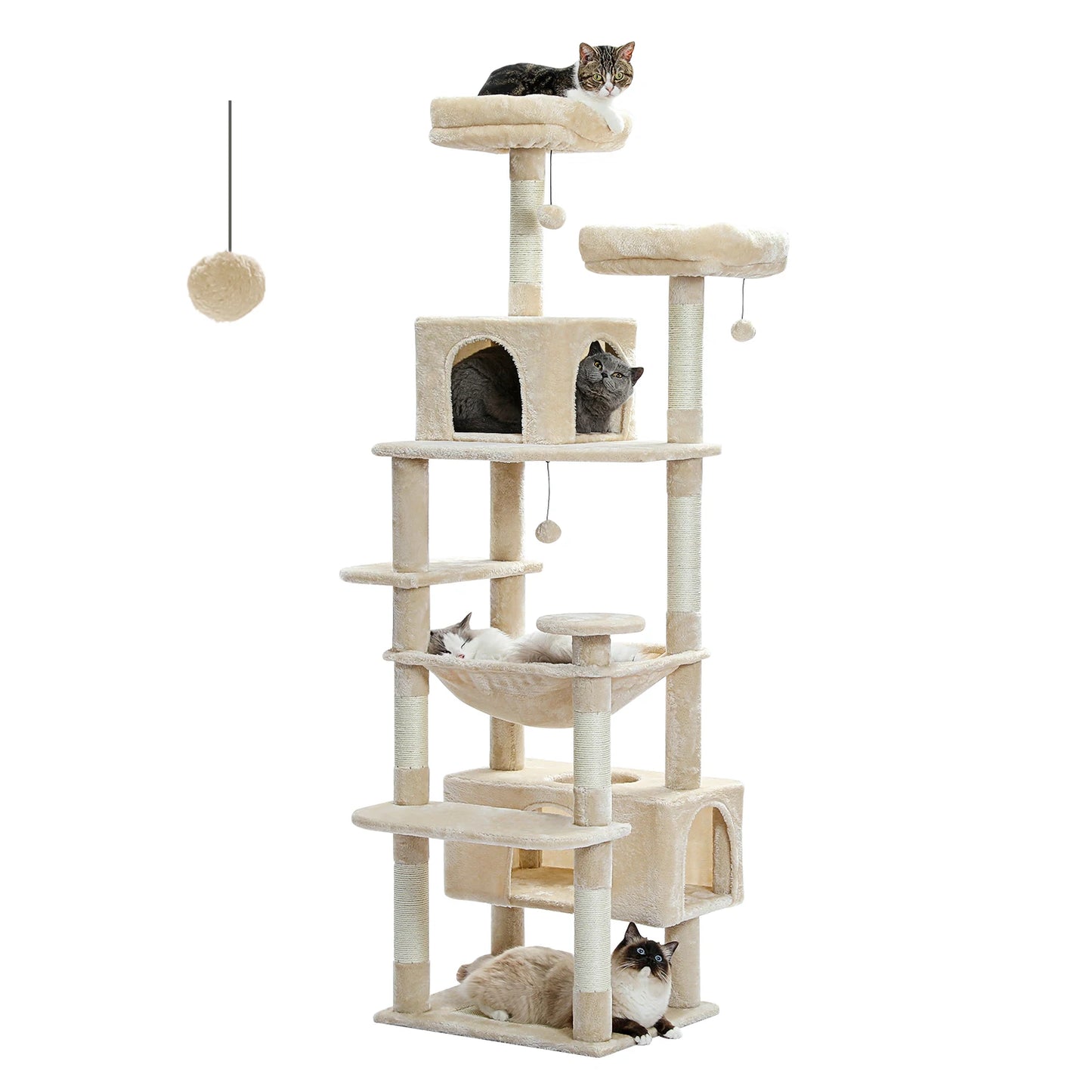 184CM Large Cat Tree and Tower for Indoor Cats with Sisal Covered Scratching Posts Spacious Hammock Padded Perches and Condos