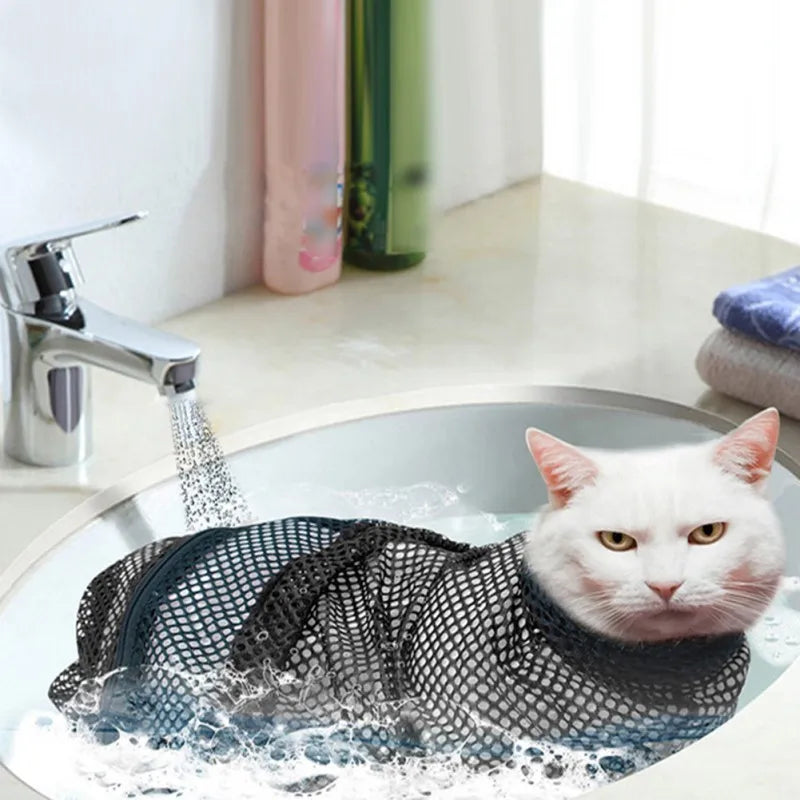Mesh Cat Groom Bath Bag Adjustable Restraint For Nail Trim