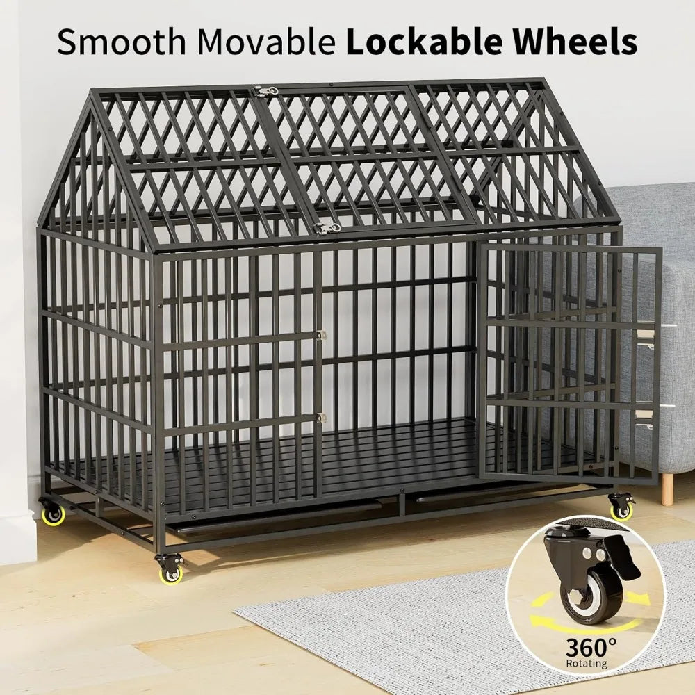 Very /54 Inch Heavy Duty Dog Crate Extra Large Dog Cage Kennel, Indestructible XXL Dog Crate With Open Roof Top, Trays And Wheel