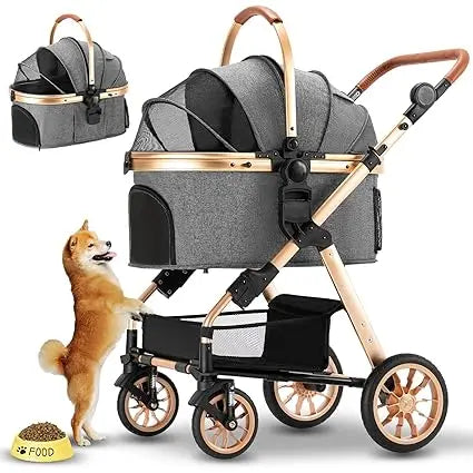 Stroller for Medium & Small Dogs - Foldable, Lightweight Dog Carrier with Storage Basket (Gray)