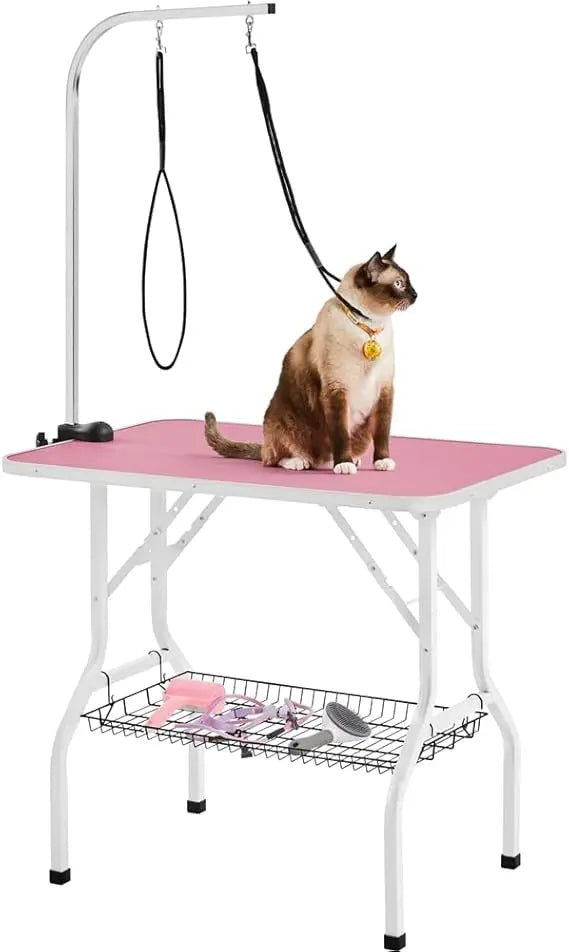 Foldable Portable Pet Grooming Table - 36in Professional Dog Cat Trimming Table w/Adjustable Arm & 2 Nooses, Maximum