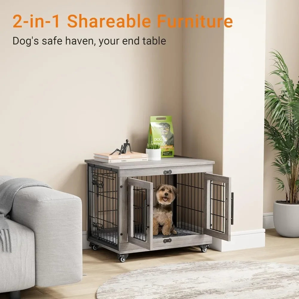 Indoor Double Door Wooden Dog Crate With Cushion And Wheels