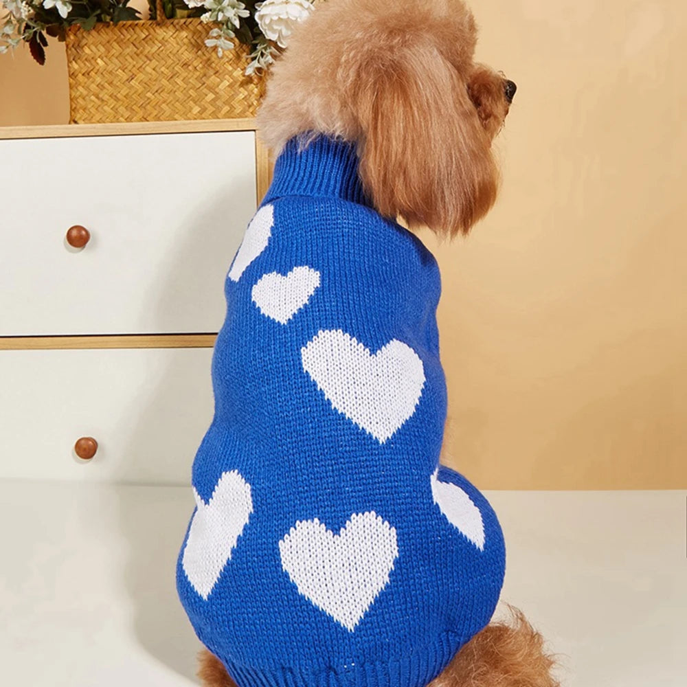 Cute Dog Sweater Heart Pattern Warm Pet Jumper Knitwear High Collar Jacket for Small and Big Dogs and Cats