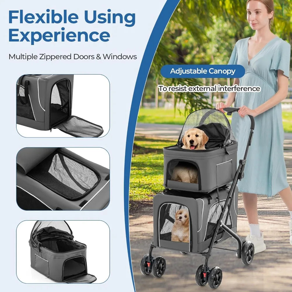 Double Dog Stroller for 2 Dogs Detachable Carriers