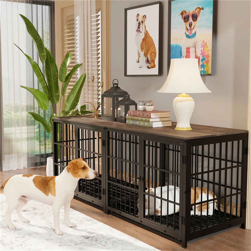 Wooden Elevated Dog Crate End Table With Lattice Doors