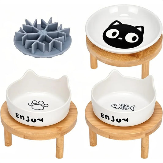 3PCS Elevated Cat Bowls Wide Raised Ceramic Pet Dishes with Bamboo Stand Whisker Friendly Feeding Station