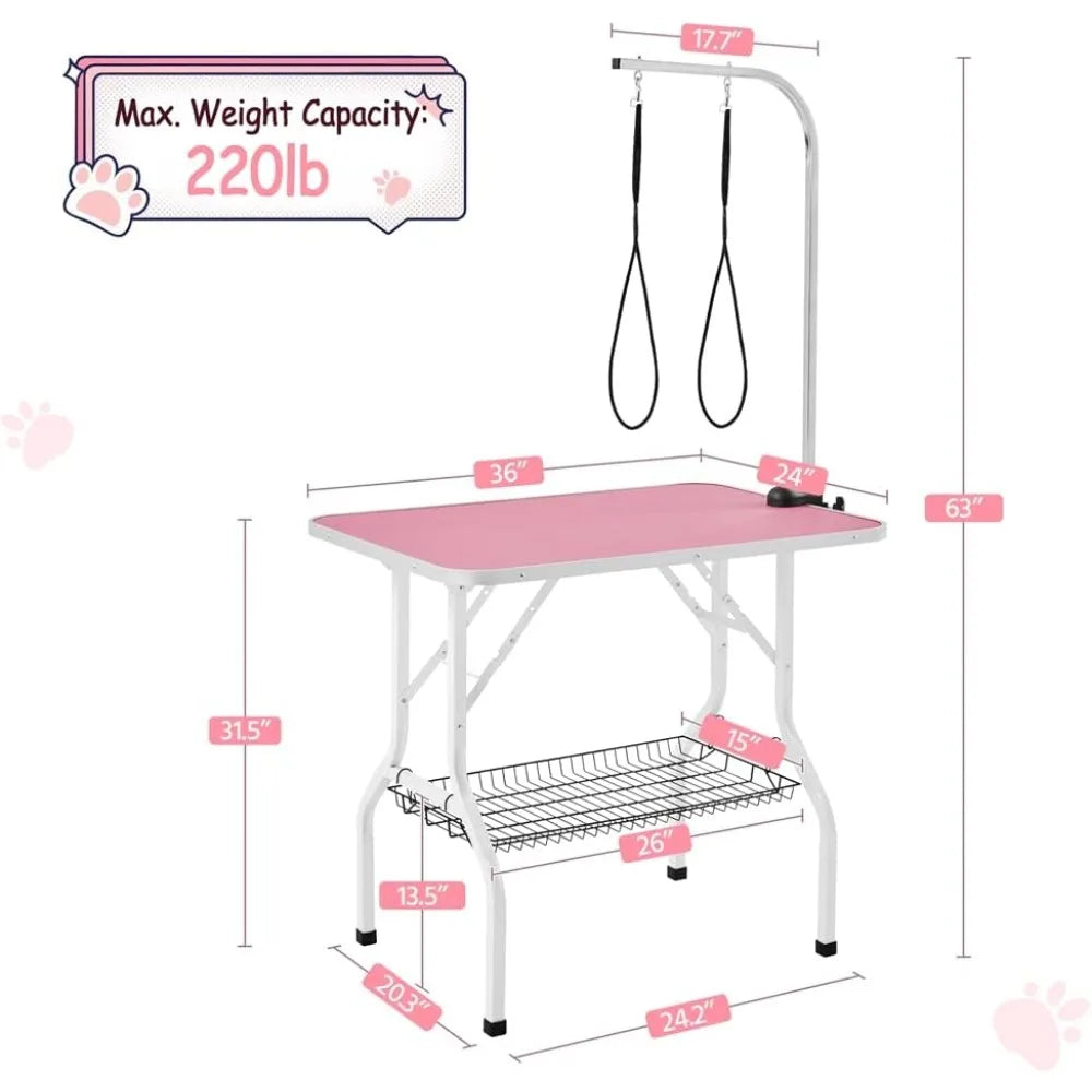 Foldable Portable Pet Grooming Table - 36in Professional Dog Cat Trimming Table w/Adjustable Arm & 2 Nooses, Maximum