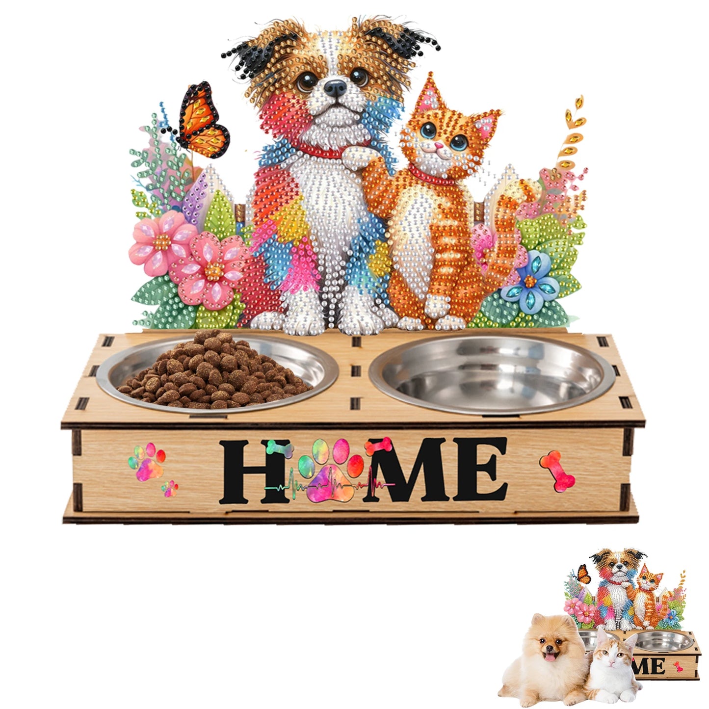 5D DIY Diamond Painting Water Feeder Kit Rhinestone Stainless Steel Pet Bowl for Cats and Dogs