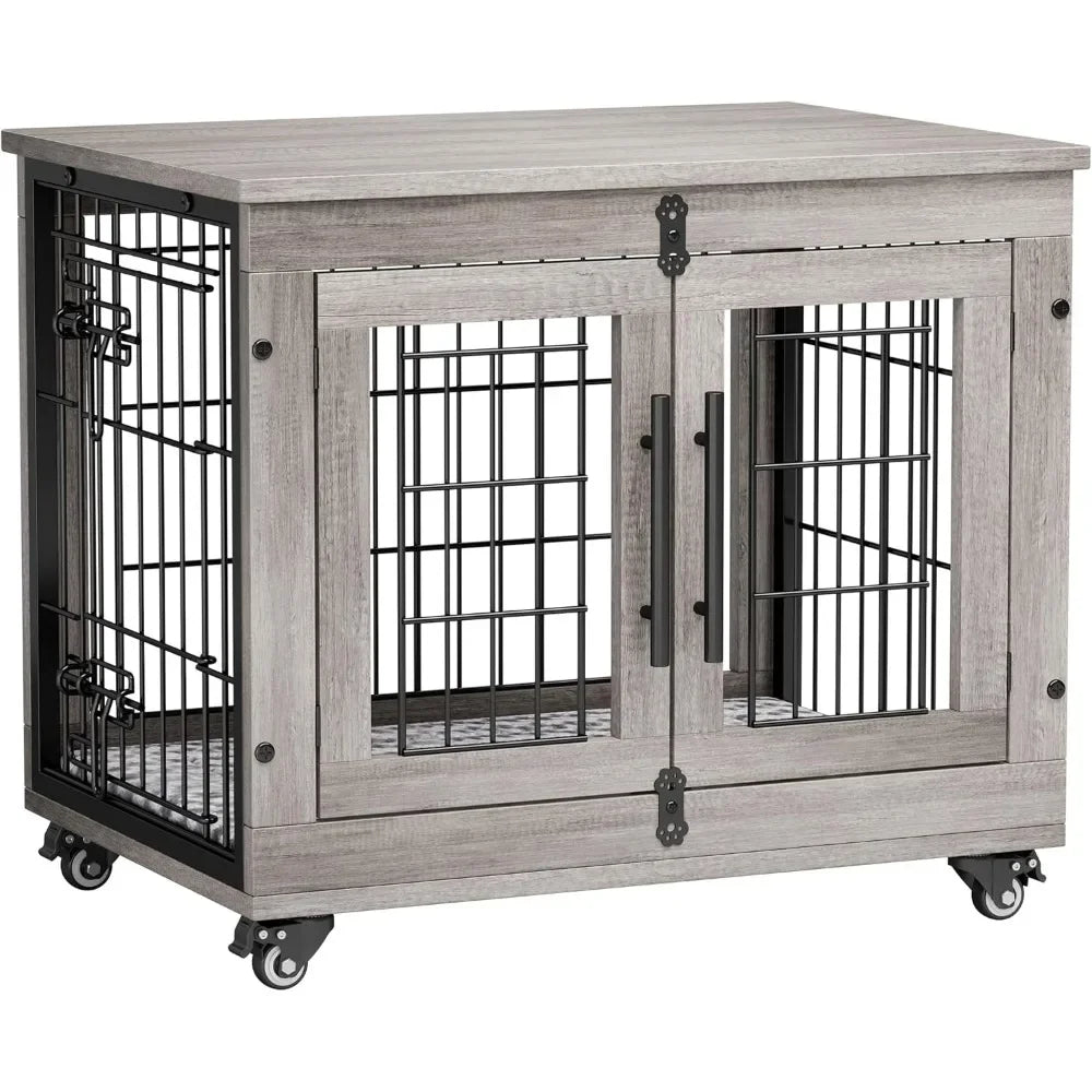 Indoor Double Door Wooden Dog Crate With Cushion And Wheels