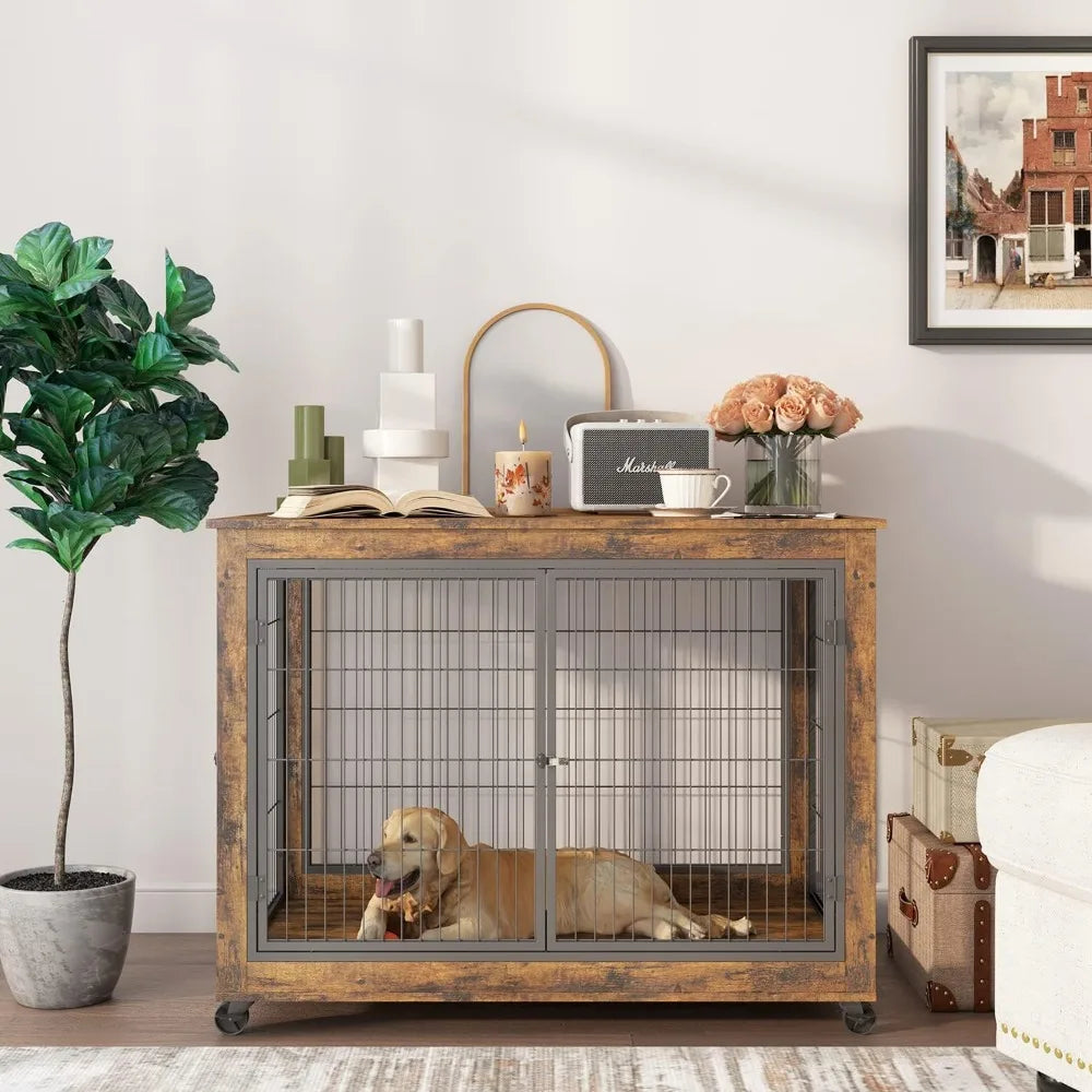 Wooden Dog Crate Furniture With Flip Top And Wheels