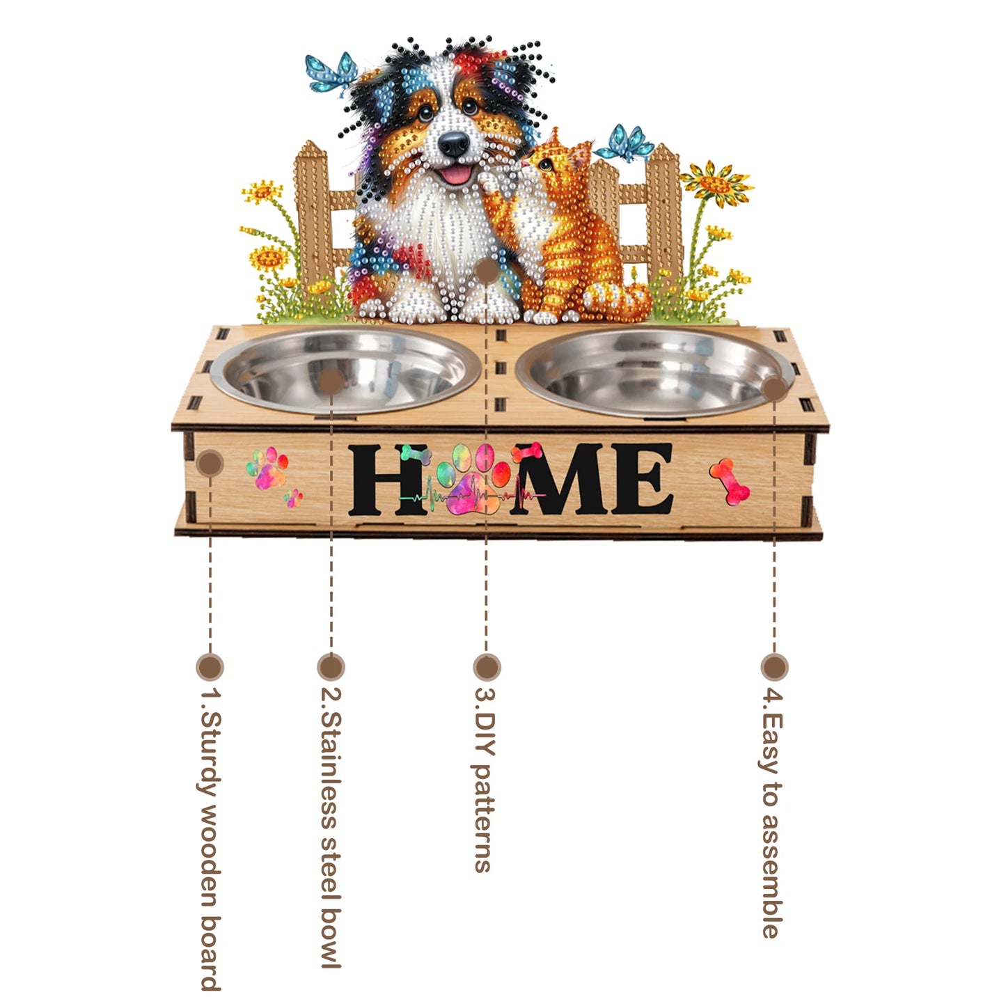 5D DIY Diamond Painting Water Feeder Kit Rhinestone Stainless Steel Pet Bowl for Cats and Dogs