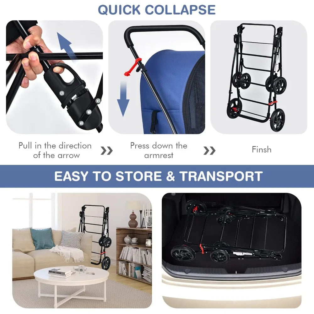 Double Pet Stroller with 2 Removable Carrying Bags, Safety Strap, 4 Lockable Wheels, Foldable Cat and Dog Stroller