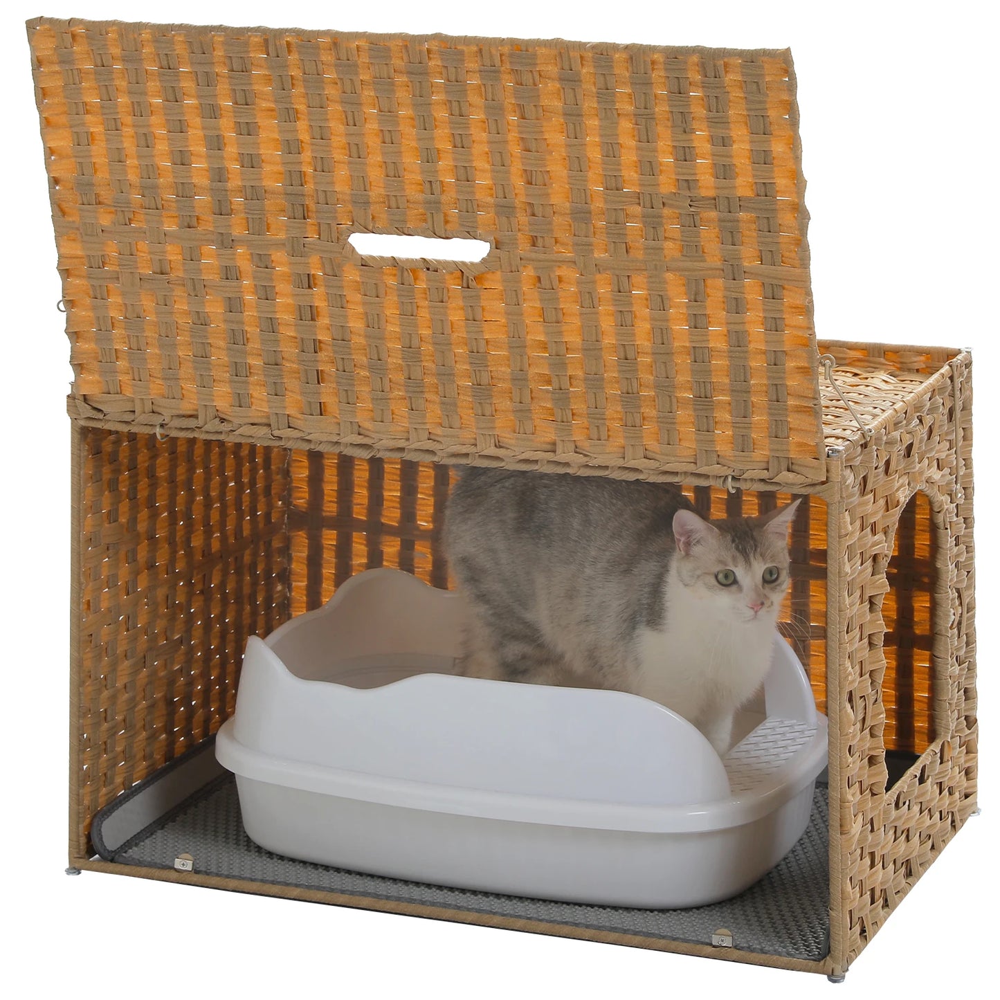Rattan Cat Litter Box Enclosure with Stylish Flip-Up Design