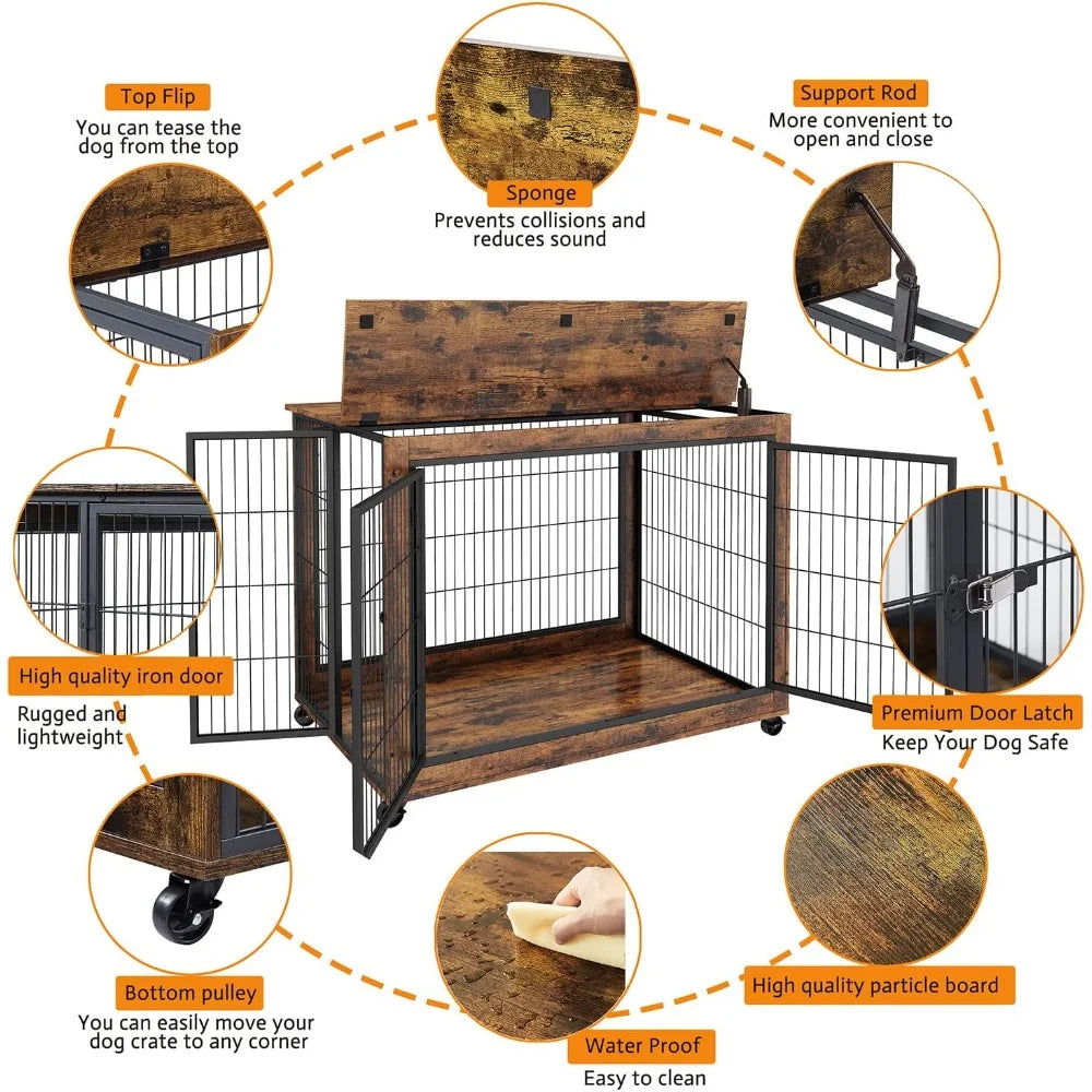 Wooden Dog Crate Furniture With Flip Top And Wheels