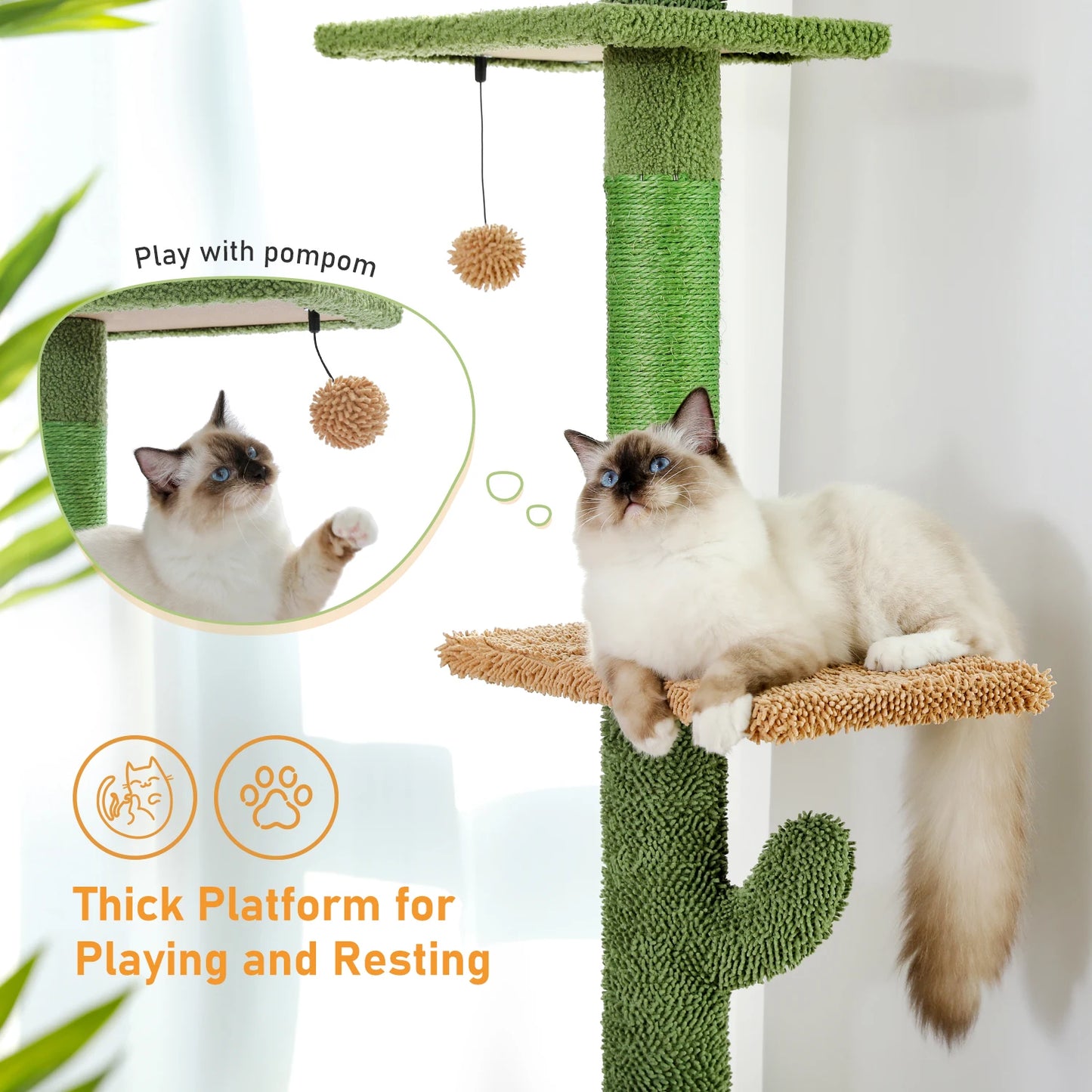 Cat Tree 5 Tier Floor to Ceiling Cat Tower Cactus Design Tall Climbing Tree with Scratching Post Hammock and Dangling Ball for Indoor Cats