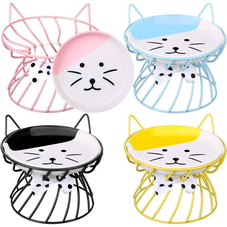 Cat Feeder, 4 Pcs Elevated Ceramic Cat Bowls with Metal Stand, Whisker